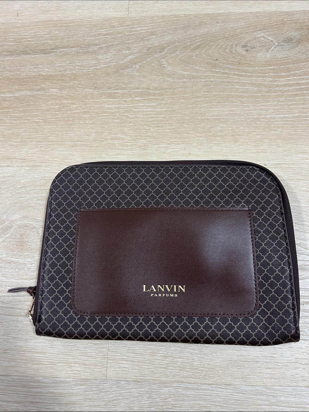 Lanvin Brown Patterned Cosmetic Pouch with Gold Logo